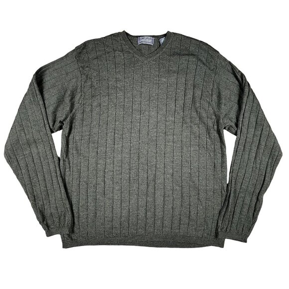 Lord & Taylor 100% Wool Green Ribbed V-Neck Sweater Size Large - Picture 1 of 4